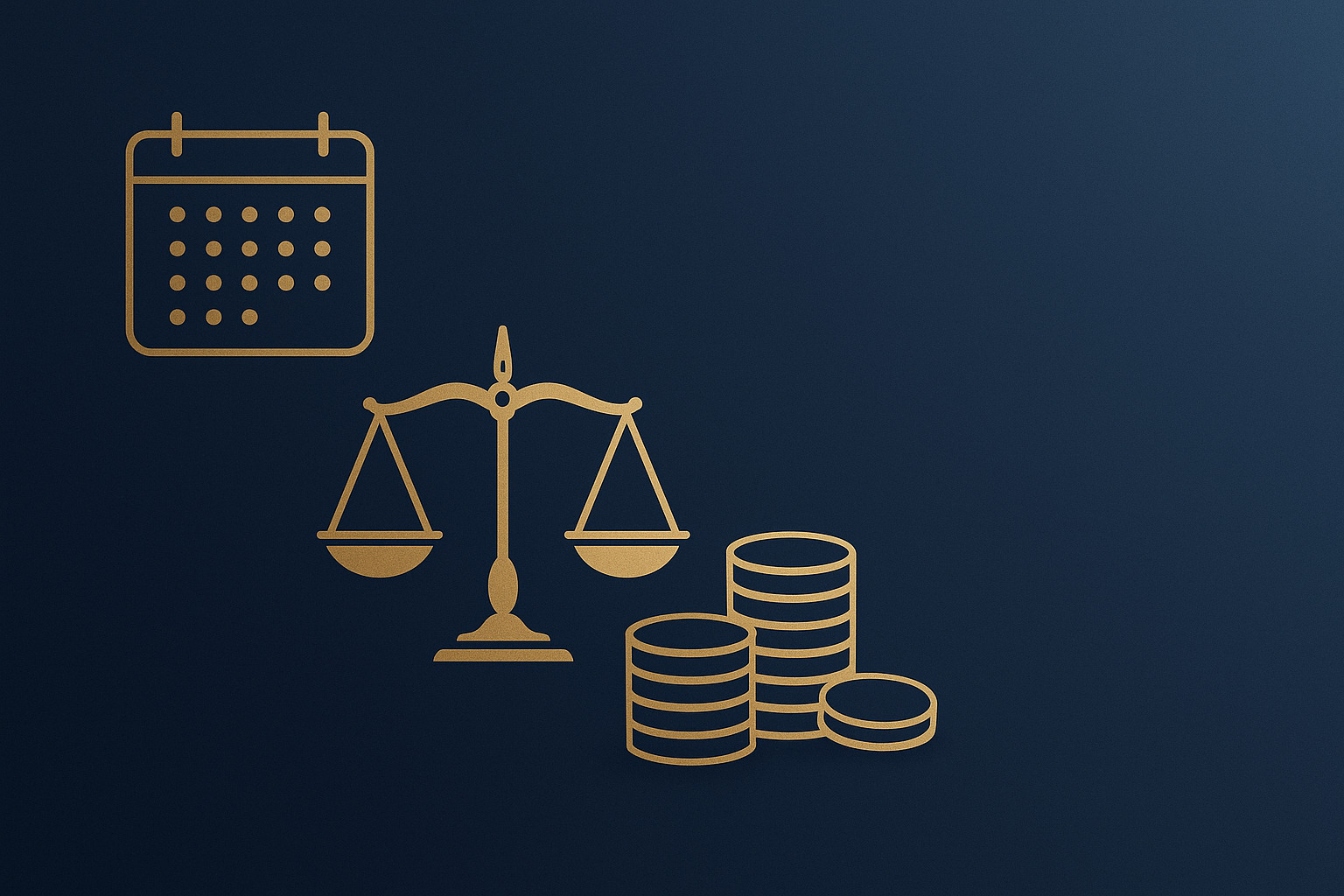 Empresa não pagou minha rescisão: ilustração de calendário, balança da justiça e moedas em azul escuro e dourado, com espaço negativo à direita.