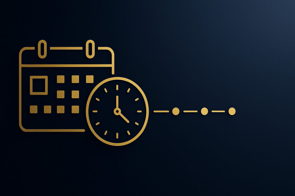 Empresa não pagou minha rescisão: calendário e relógio dourados indicando prazo legal de 10 dias, com linha do tempo e fundo azul escuro, espaço negativo à direita.