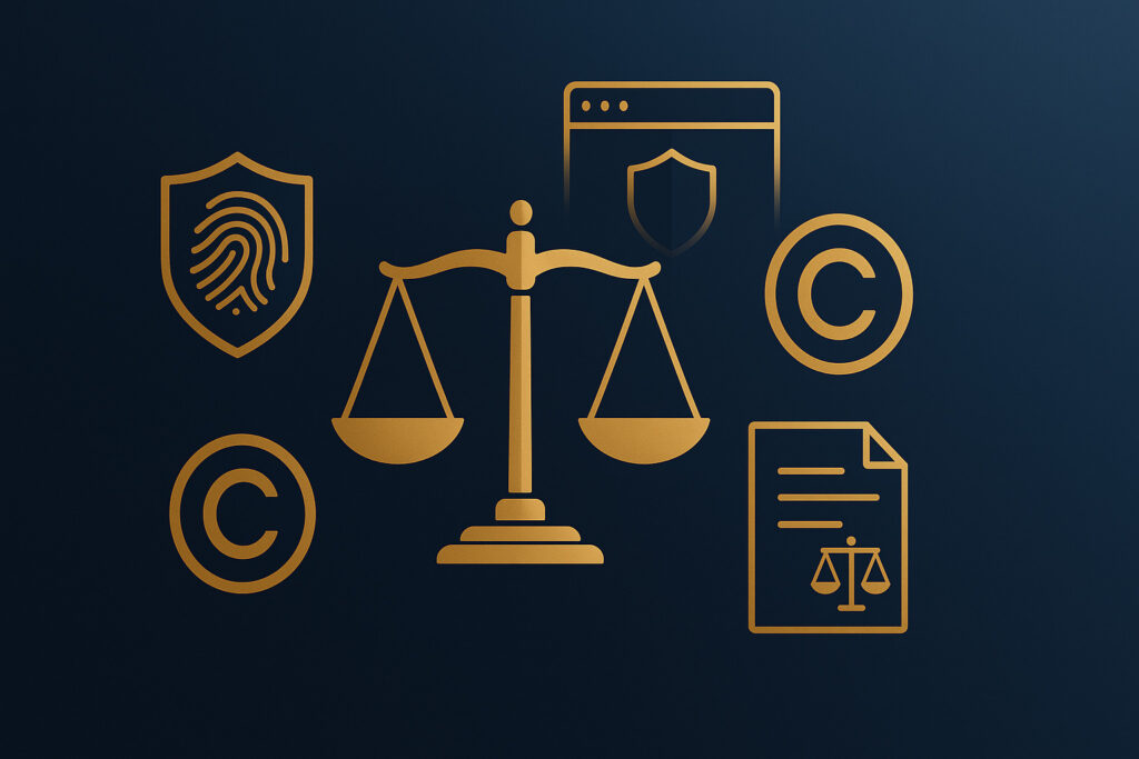 Impactos legais para criadoras: balança da justiça, direitos autorais e privacidade em ícones dourados sobre fundo azul escuro