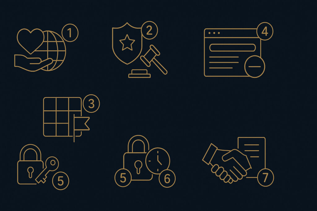 Passo a passo visual para denunciar e remover conteúdo: 1 SaferNet, 2 Boletim de Ocorrência, 3 denúncia nas plataformas, 4 desindexar no Google, 5 segurança 2FA, 6 liminar urgente, 7 apoio do advogado