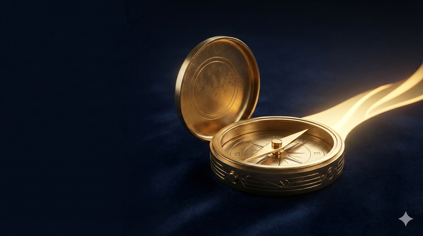 Ilustração conceitual de bússola dourada sobre fundo azul escuro representando como pedir recuperação judicial e encontrar o caminho para reorganização empresarial.