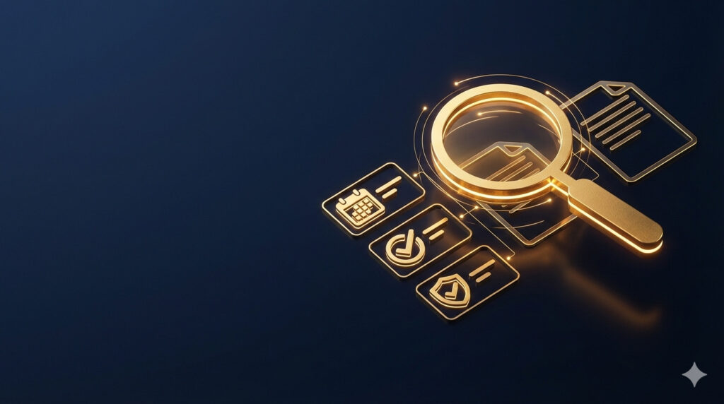 Ícones dourados de lupa e checklist analisando documentos, ilustrando os requisitos legais de como pedir recuperação judicial.