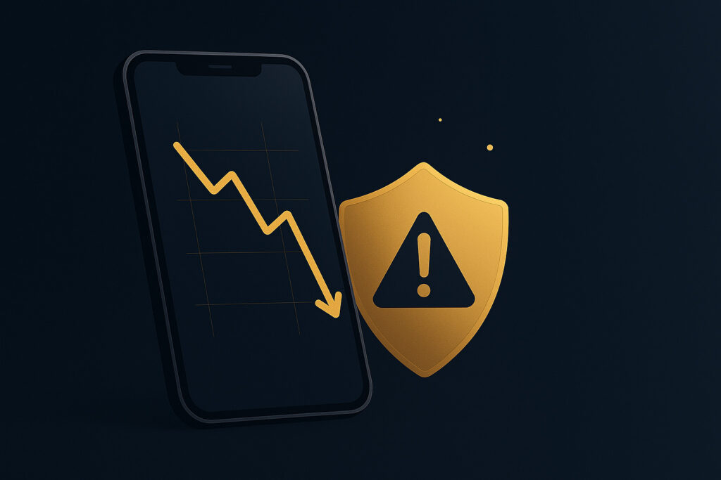 Smartphone com gráfico em queda e alerta dourado ilustra golpe do pix processar banco e a perda repentina de saldo.