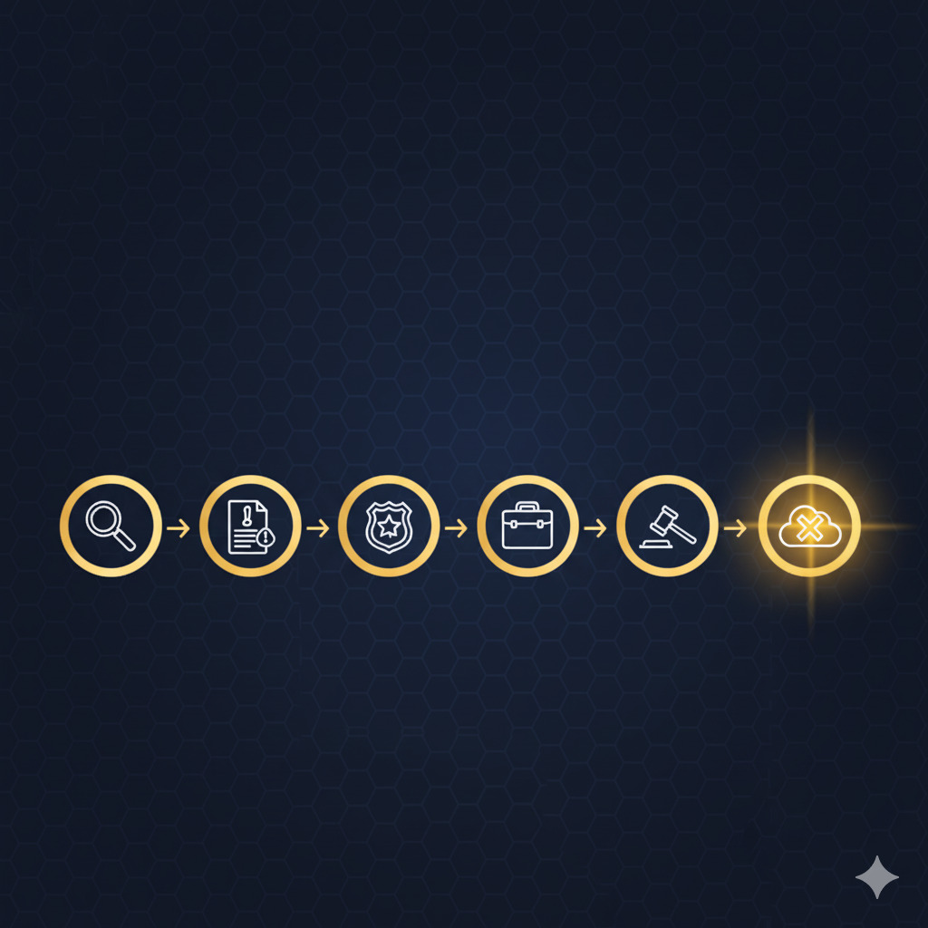 Infográfico visual com 6 etapas para remover conteúdo sexual da internet de forma legal e eficaz