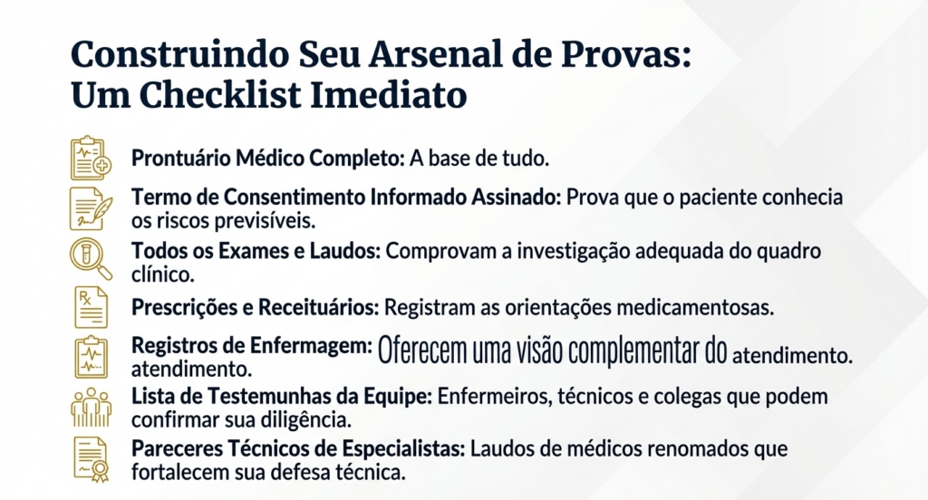 Imagem com lista de provas para serem apresentadas em um processo por erro médico