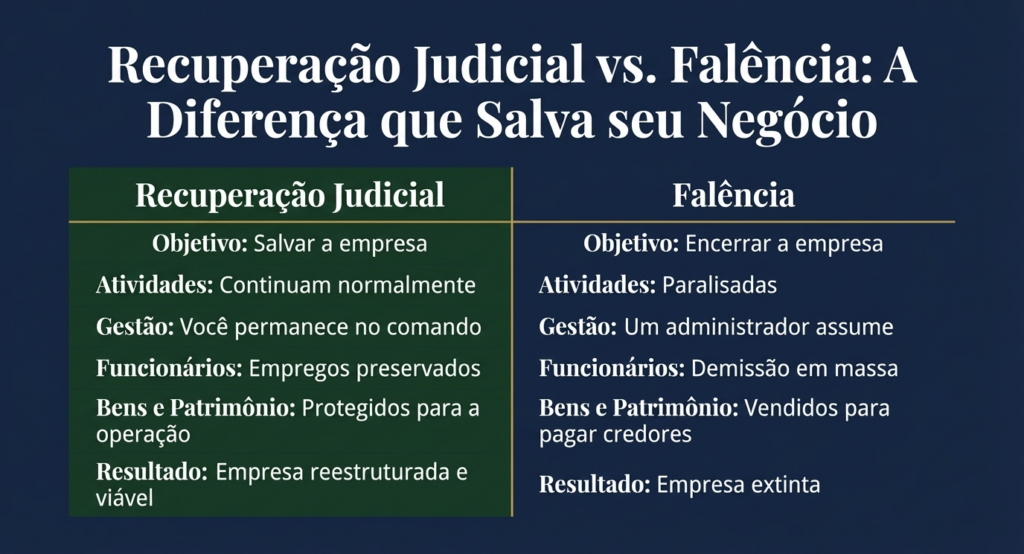 Ilustração explicando a diferença entre recuperação judicial e falência